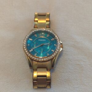 Fossil Women's Watch with Gold Band and Turquoise Dial